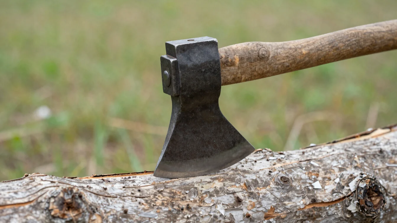 Close detail of a forged axe head resting on a split log, natural