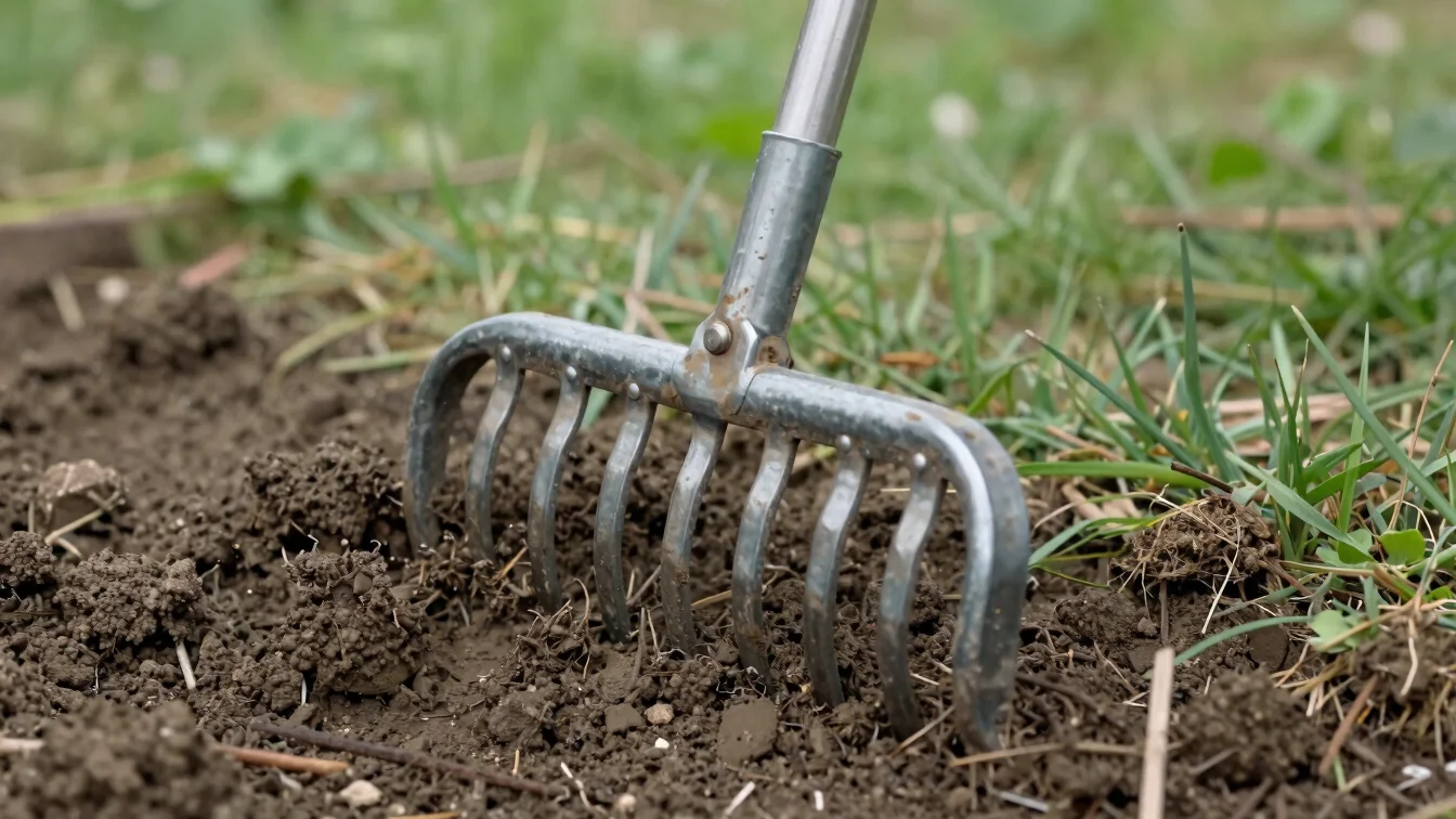 Close detail of a steel rake's tines in freshly turned garden soi