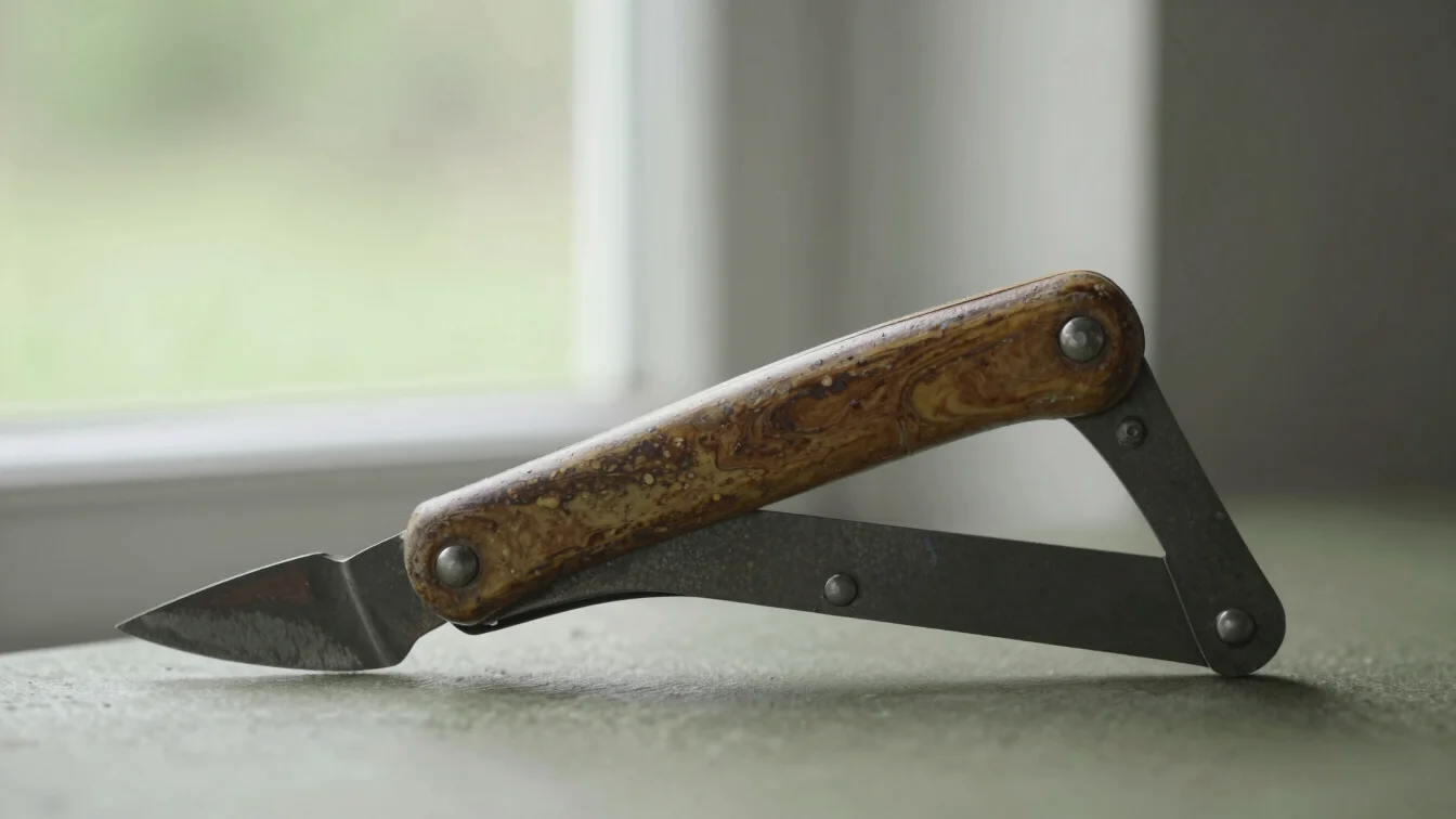Close detail of a folding entrenching tool with worn wooden grip,