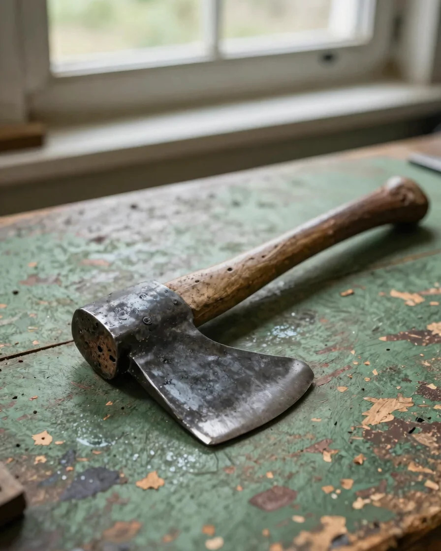 Editorial close-up of a steel axe head resting on a weathered woo