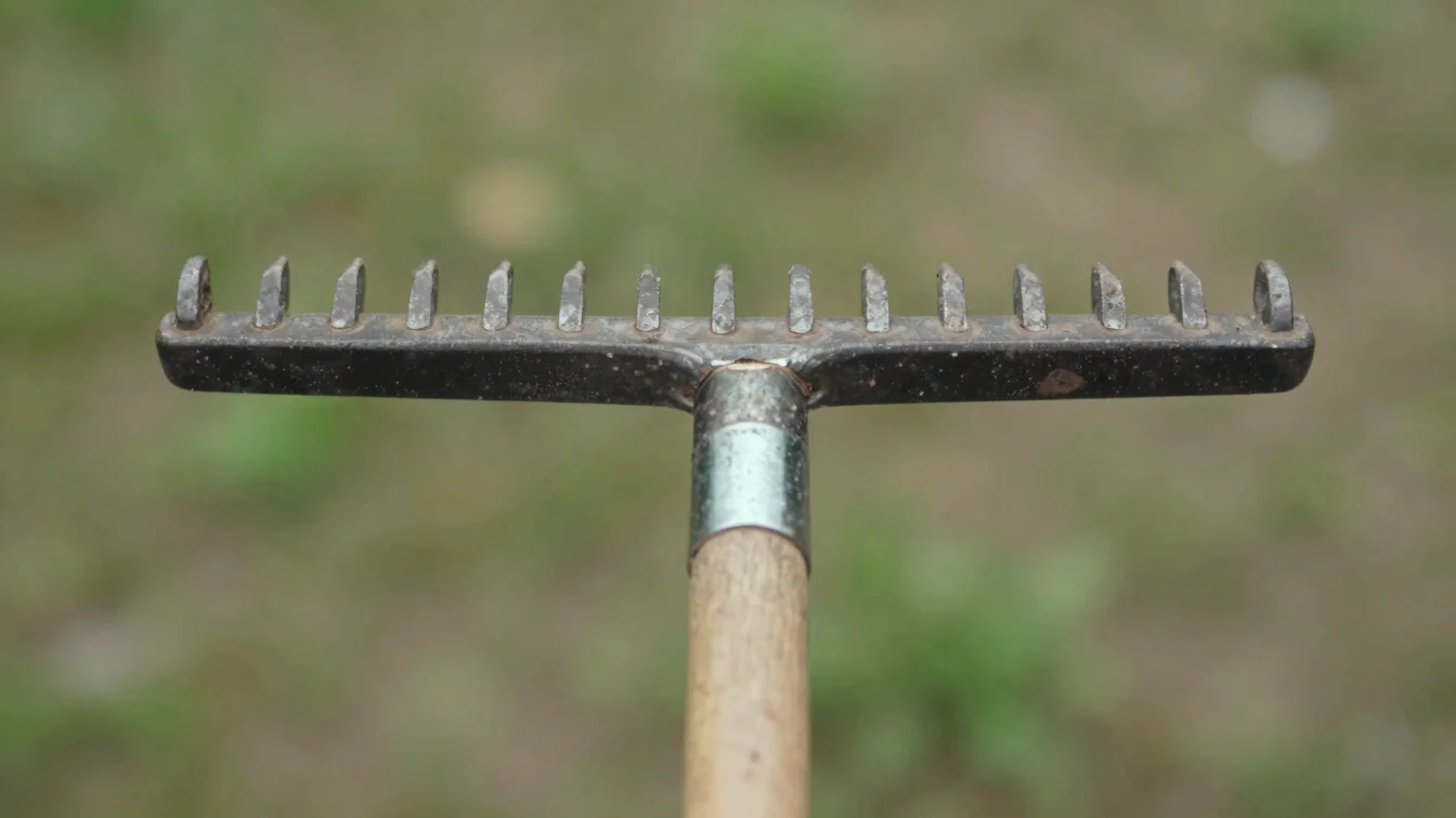 Macro photograph of a rake head seated on a wooden handle, showing a tight metal collar and clean joint, natural dayligh
