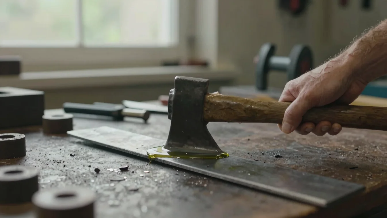 Close detail of a hand applying a thin film of oil to a bare steel axe blade on a workshop bench, soft window light, ear
