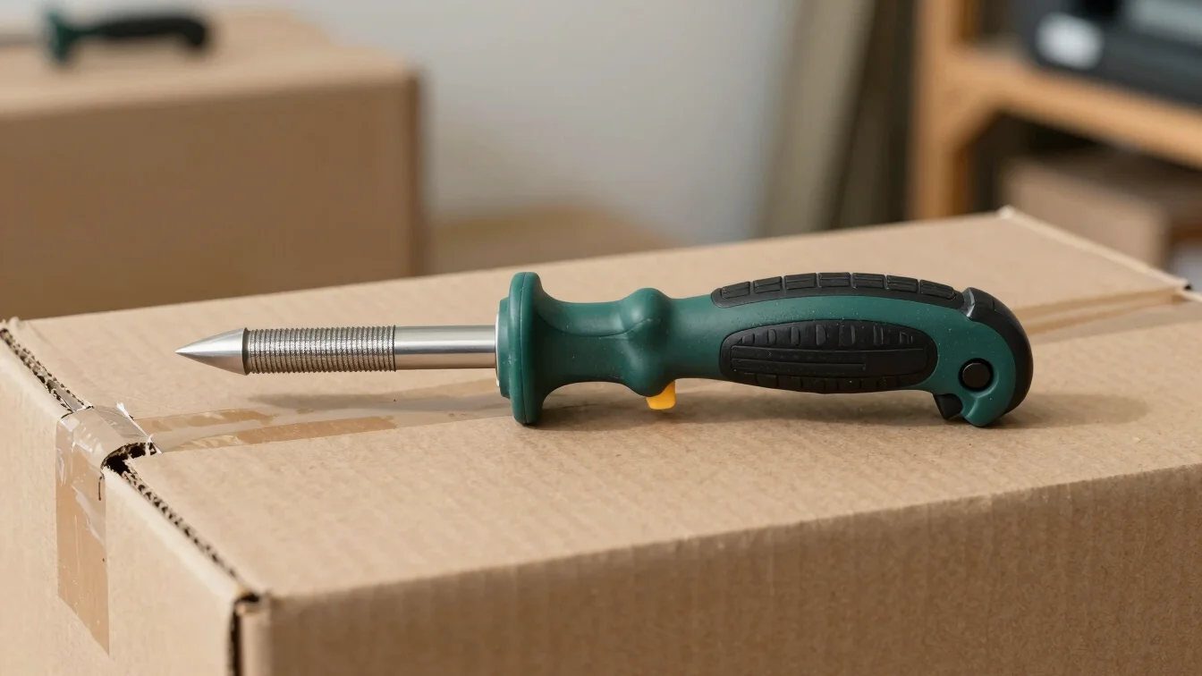 Tool wrapped in brown kraft sleeve and placed in a cardboard shipping box, neutral workshop background, natural daylight