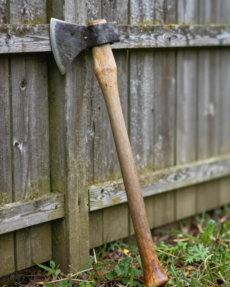 Editorial tool photography in natural daylight: a steel-headed garden axe leaning against a weathered wood fence, close
